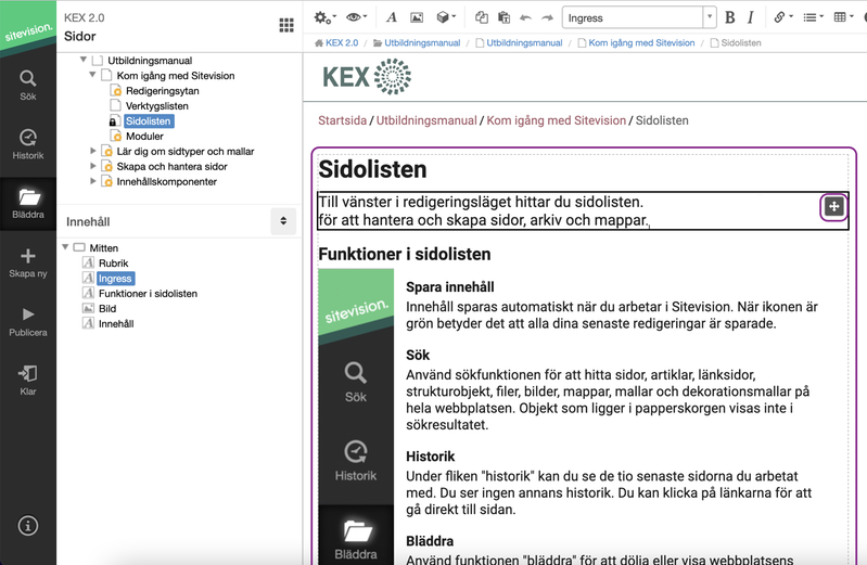 Redigeringsytan i Sitevision